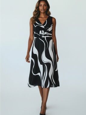 Black & White Swirl Sleeveless Wrap Midi Dress
